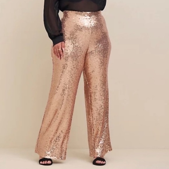 NEW Pull-On Wide Leg Sequin High-Rise Trouser Pant in Champagne - Picture 1 of 5